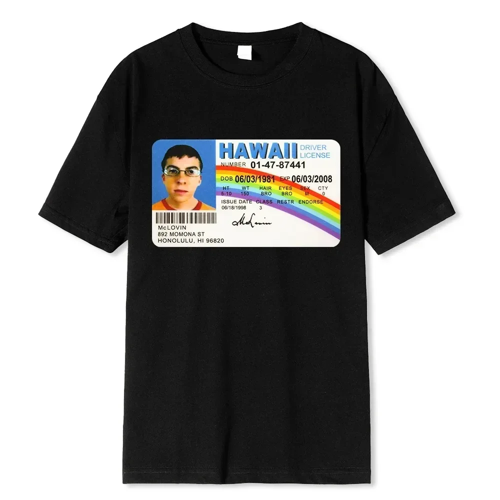 เสื้อยืดผู้ชายตลกฤดูร้อน mclovin ID Card เสื้อยืดพิมพ์ลาย superbad geek เสื้อแขนสั้นแนวสตรีทแฟชั่นเสื้อยืดโอเวอร์ไซส์ผ้าคอตตอน