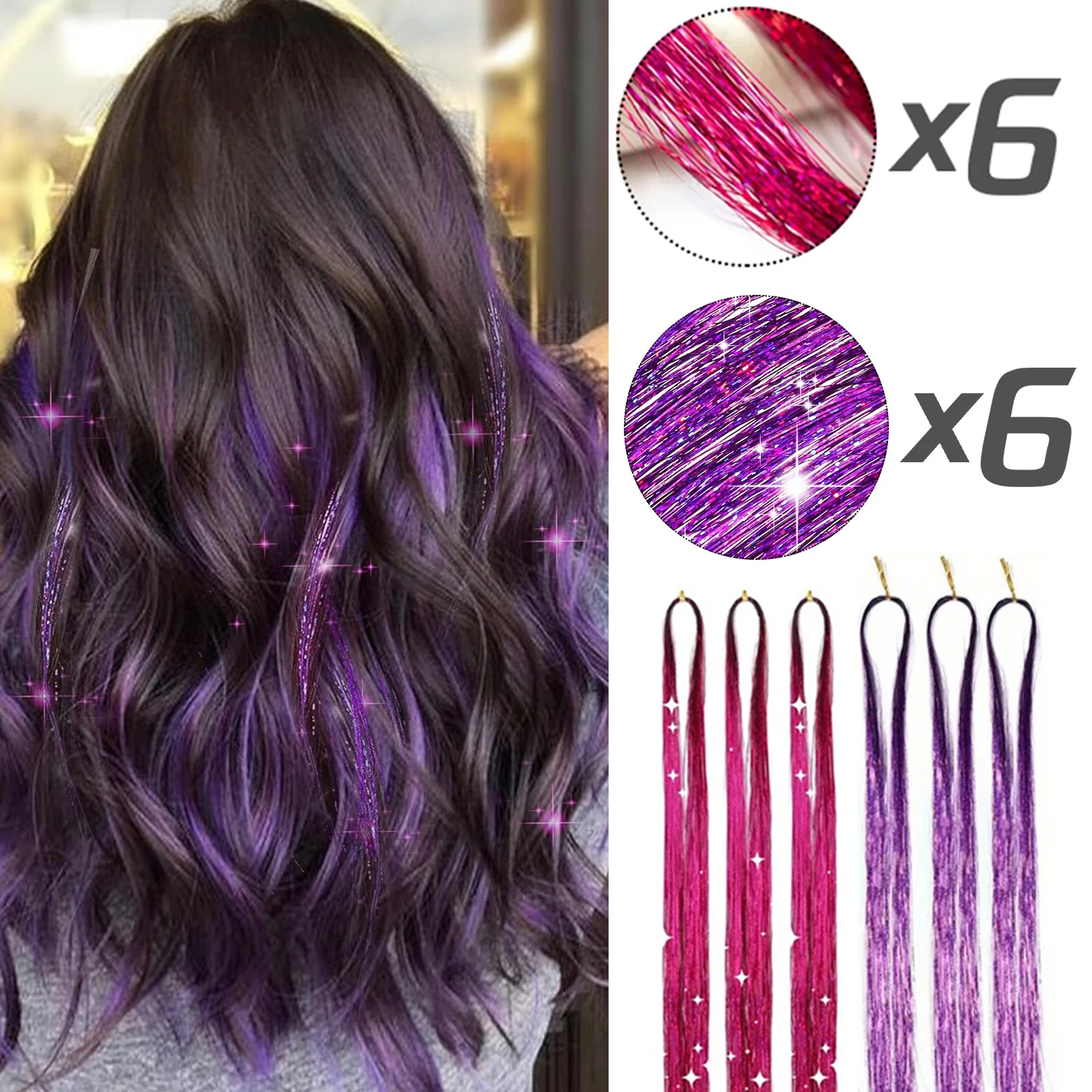 12 Uds. Accesorios para el cabello de hadas brillantes y brillantes, extensión de cabello de oropel para mujeres y niñas, para Navidad, Año Nuevo, Halloween