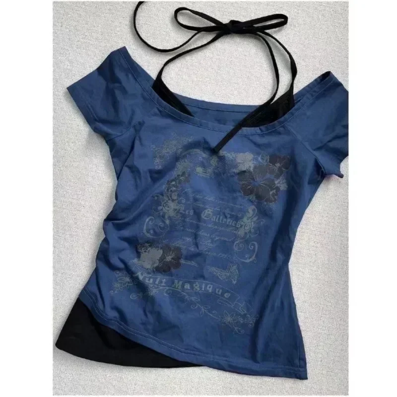 夏偽二枚ホルター包帯ヴィンテージ Tシャツ Y2k 美的スリムクロップトップス女性グランジプリント原宿カジュアルセクシーな Tシャツ