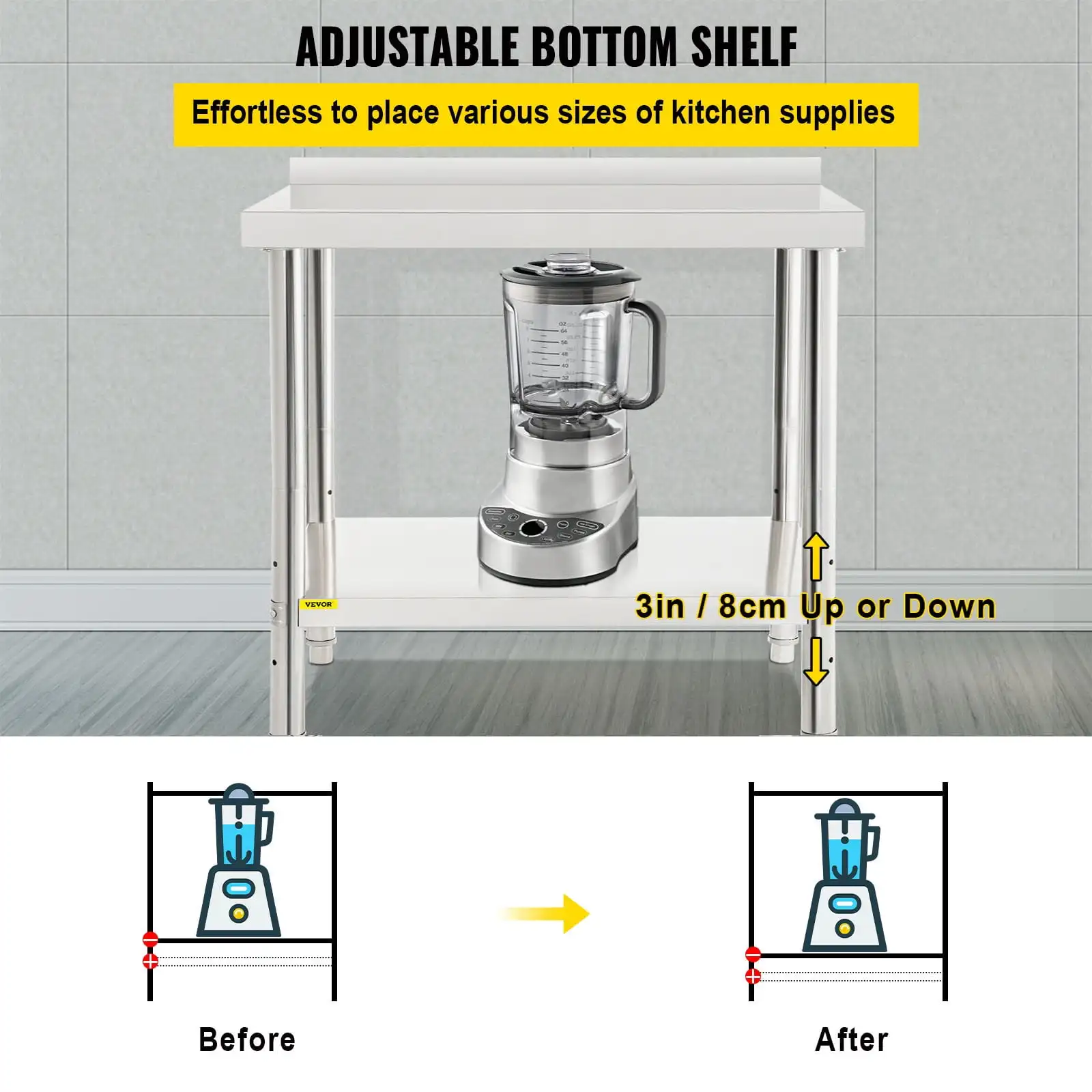 Stainless Steel Prep Table, 36 x 24 x 35 inch, 440lbs Load Capacity Heavy Duty Metal Worktable with Backsplash