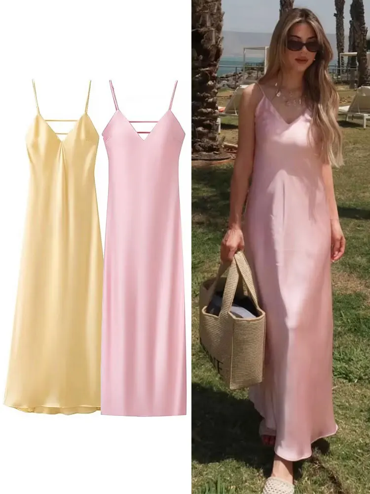 HH-vestidos rosas con tirantes para mujer, vestido largo ajustado sin mangas con cuello de pico y espalda descubierta, vestido de fiesta y vacaciones de verano 2025
