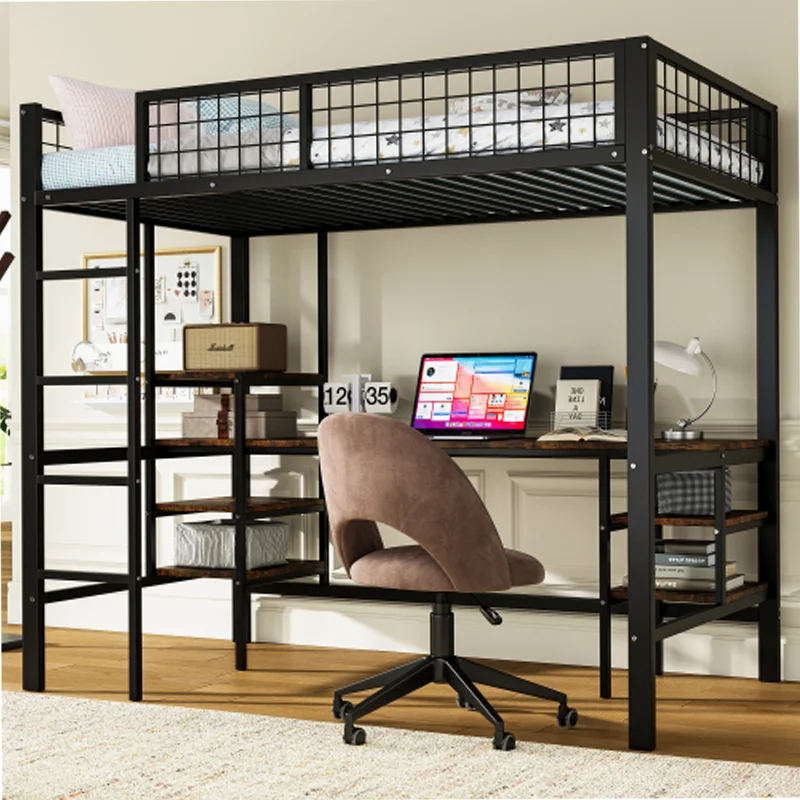 Cama do assoalho do ferro com tabela e prateleira, escada de quatro fases, ferro + cartão S, apropriado para crianças e adultos