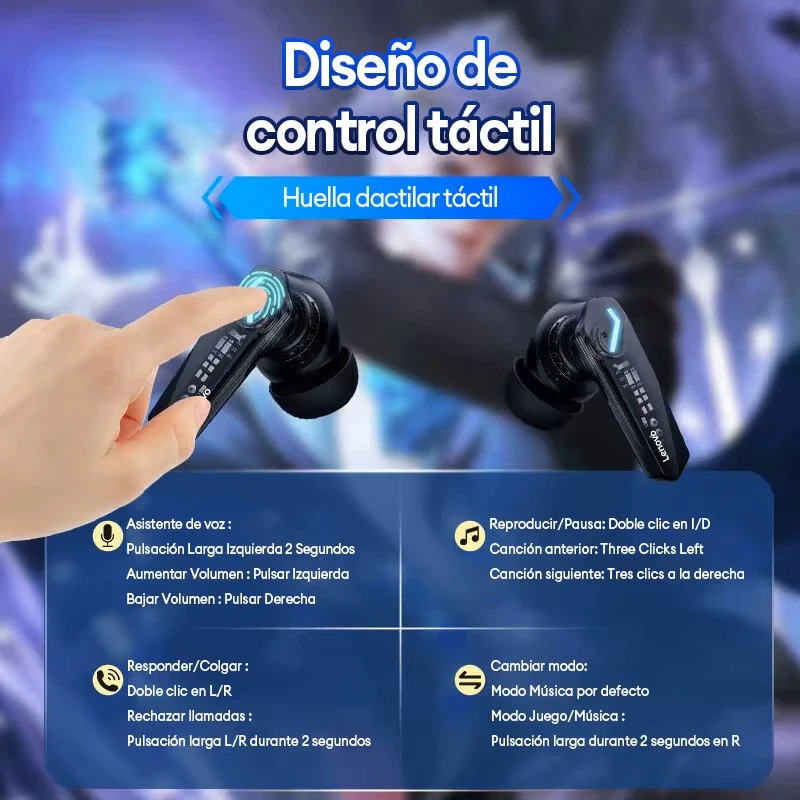Lenovo Auriculares Inalámbricos GM2 Pro Originales, Cascos con Micrófono, Baja Latencia, Modo Doble de Juegos, Llamadas en HD, Audífonos con Bluetooth 5.3