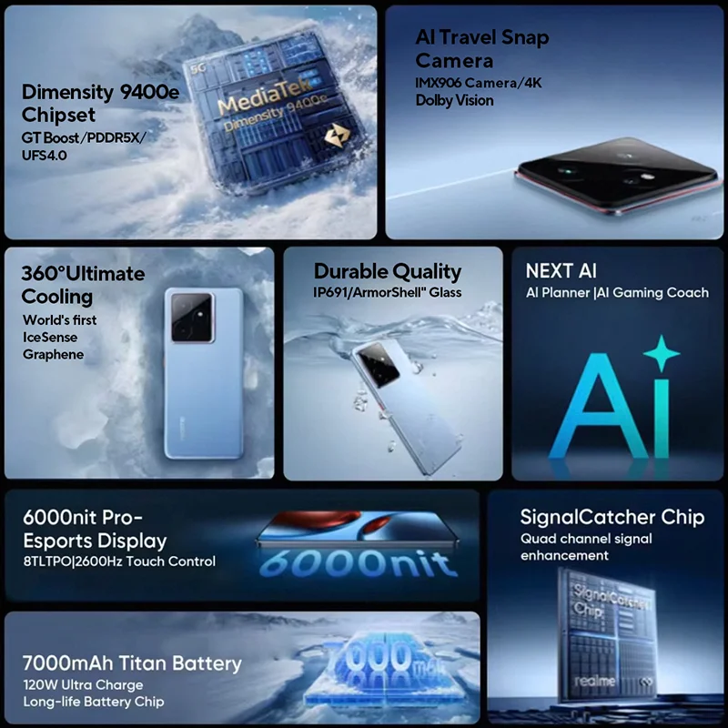 Versión Global realme GT 7 5G AI Smartphone MTK Dimensity 9400e 6000nits Pro-Esports Display 7000 mAh Batería 120W Ultra Charge