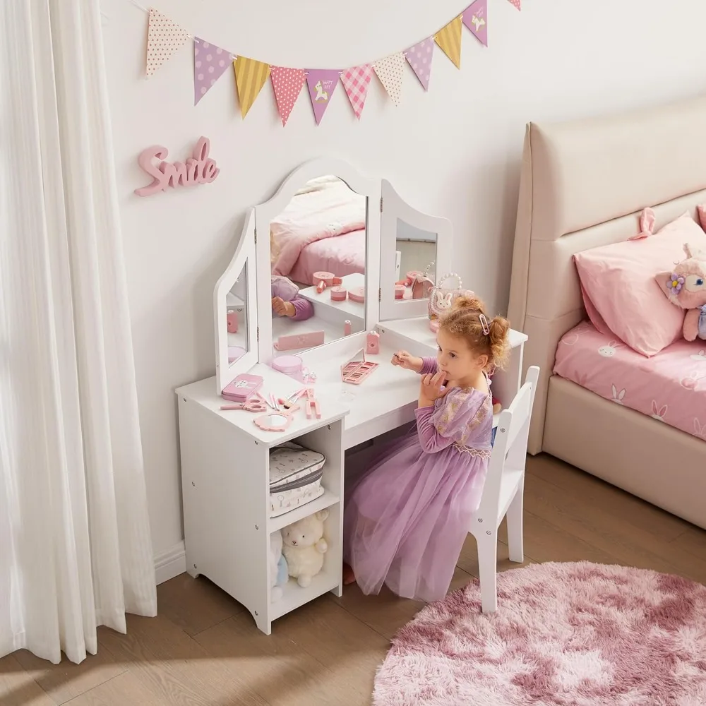 "2-in-1 Kids Vanity Set with Storage Cabinet & Detachable Top – Includes Tri-Fold Mirror for Girls’ Princess Makeup Play"