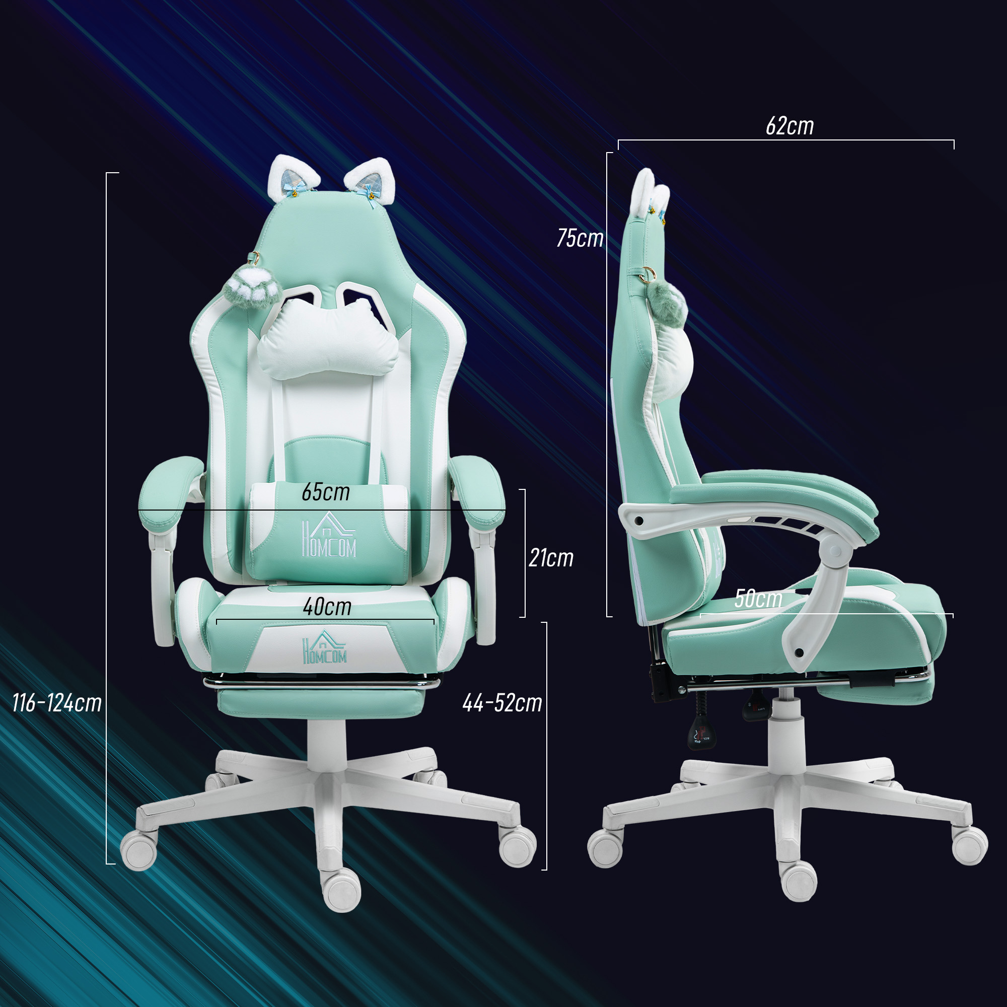 Homcom Gaming-Stuhl mit Ohren, höhenverstellbarer, ausziehbarer Fußstütze