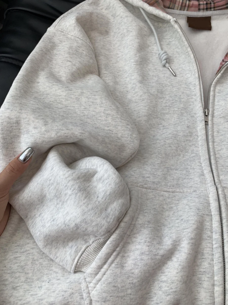 Sudadera con capucha a cuadros Retro para mujer, cárdigan con cremallera, Tops versátiles, ropa de abrigo informal holgada, otoño