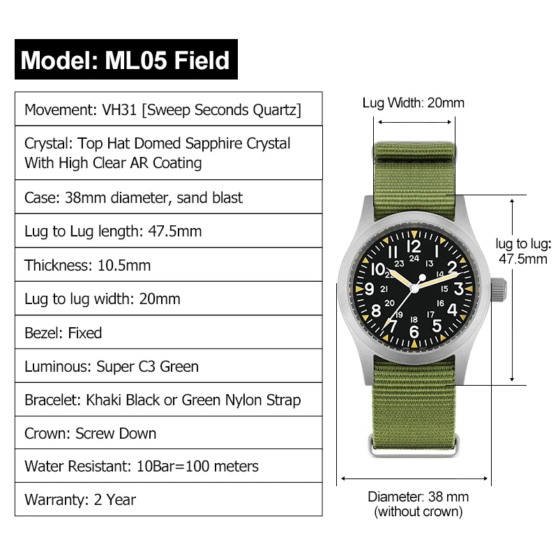 Militado ML05 Полевые часы VH31 Развертки подержанных куполообразных сапфировых кристаллов с AR-покрытием C3 Светящиеся кварцевые военные часы 38 мм