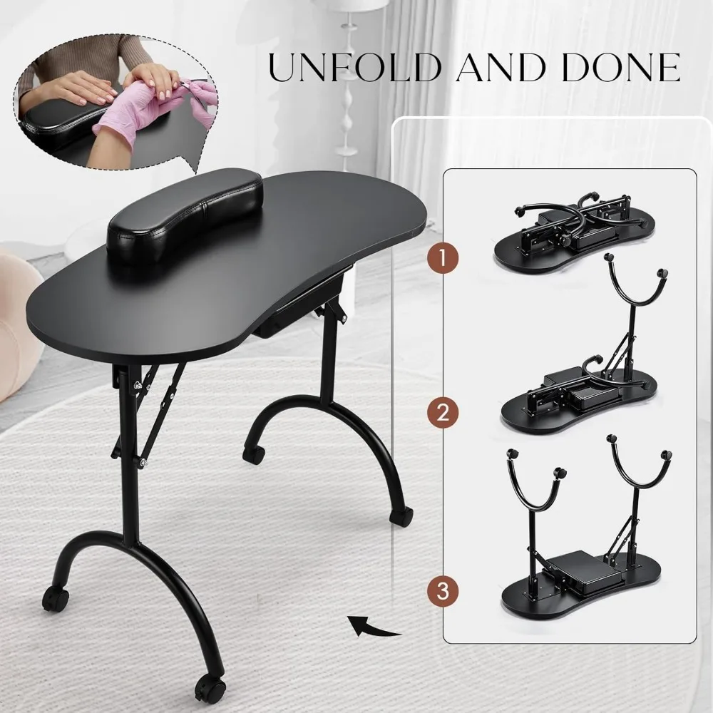 Portable Nail Table Manicure Desk Foldable Nails Tech Station Professional Nail Desk with Drawer & Wrist Rest Wheeled Manicurist