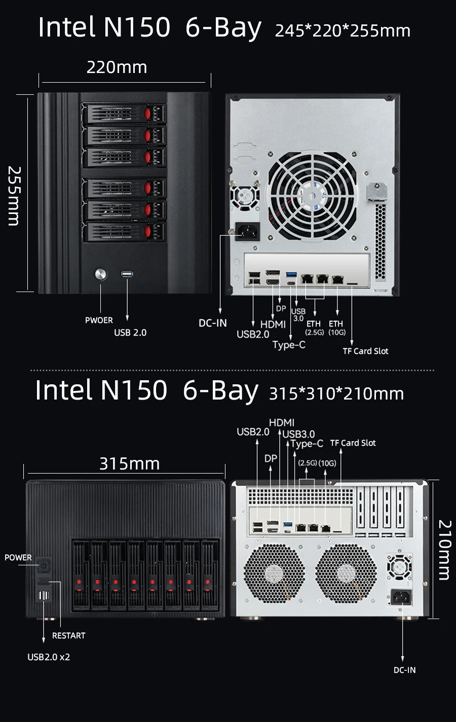 XCY X108 NAS 4/6/8 Bay 2,5/3,5 pulgadas SATA HDD Intel N150 DDR5 M.2 NVMe SSD 10G Ethernet tipo C Windows11 Linux RAID FreeNas