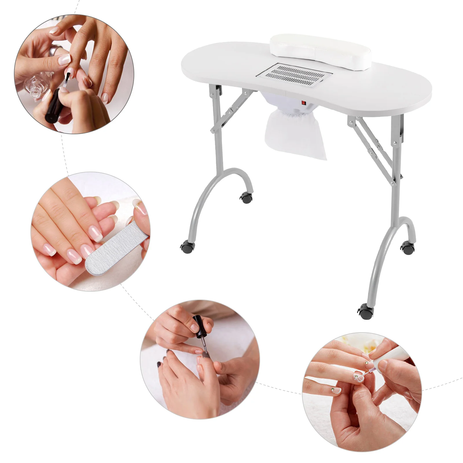 Mesa de unhas dobrável com rodas multifuncional mesa de manicure portátil, mesa de MDF para famílias, salões de unhas