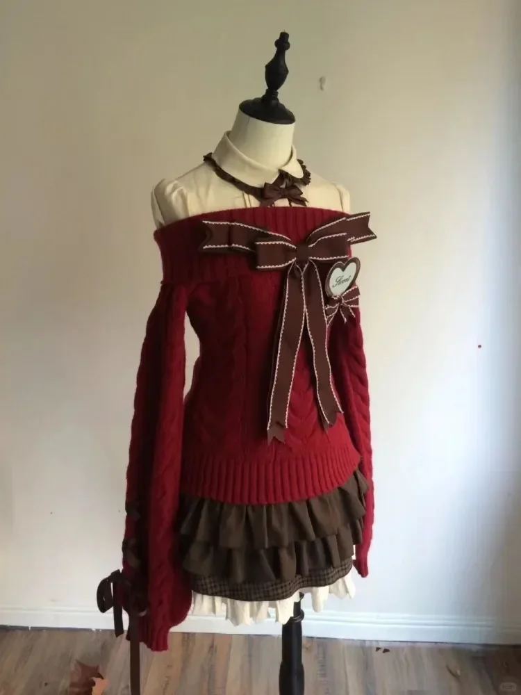 Lazy Bow Off Shoulder Long Sleeve Loose Knitted Sweater Tops+ High Waist Ruched Skirts 2025 Autumn New Two Piece Sets
