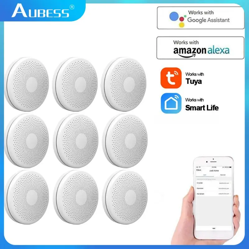 Aubess-Detector de humo inteligente con WiFi, alarma de monóxido de carbono para salón, habitación, cocina, tienda, Sensor de sonido PIR, alerta para Alexa, Tuya
