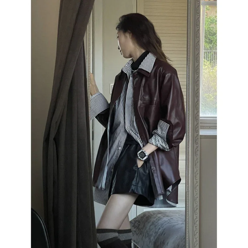 TFETTERS-chaqueta de cuero Morado uva para mujer, abrigo Vintage de Color liso, a la moda, novedad de otoño e invierno, 2024