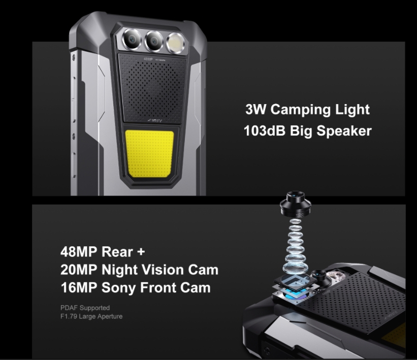 Fossibot F106 PRO 4G Telefone robusto MT6769CZ CPU 6,58 "120 Hz Display 12000mAh Bateria com luz de acampamento Smartphone à prova tripla