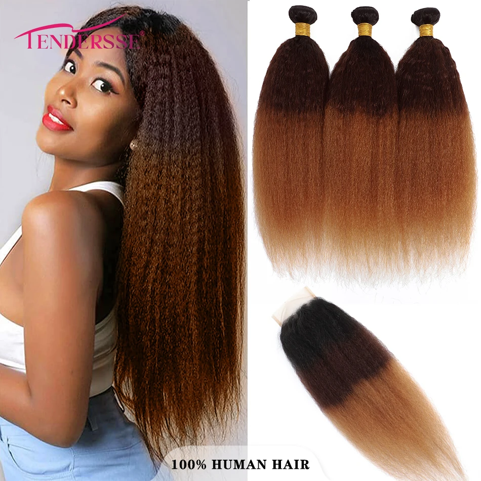 10a brasileiro kinky em linha reta 3 pacotes com fecho 100% ombre cabelo humano yaki cabelo reto 3 pacotes com fechamento de renda 4x4