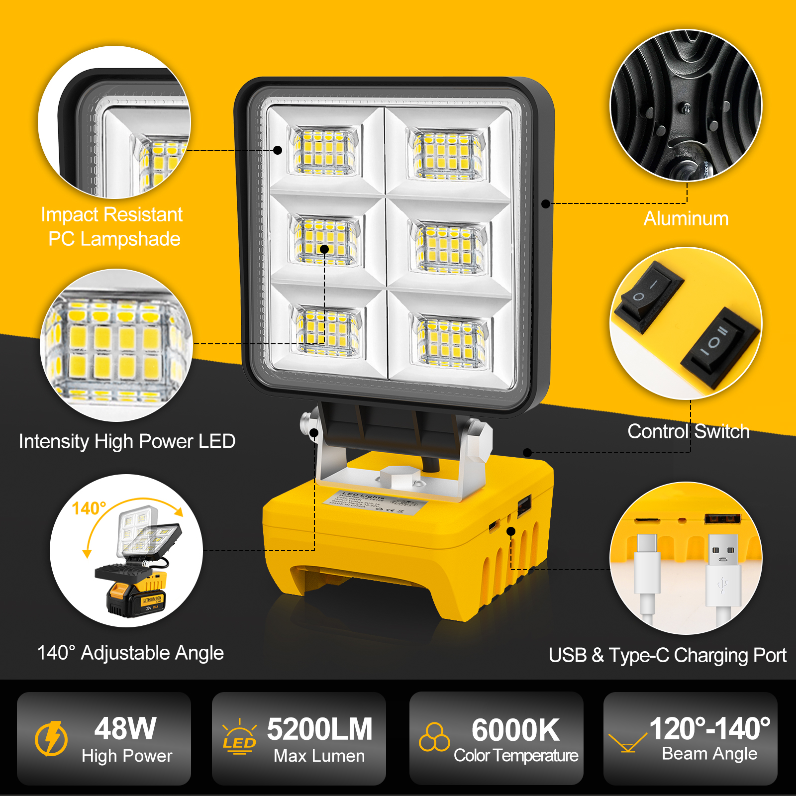 Lampe de travail LED sans fil portable, base réglable, budgétaire aste pour DeWalt, sans batterie, 5200LM, 48W