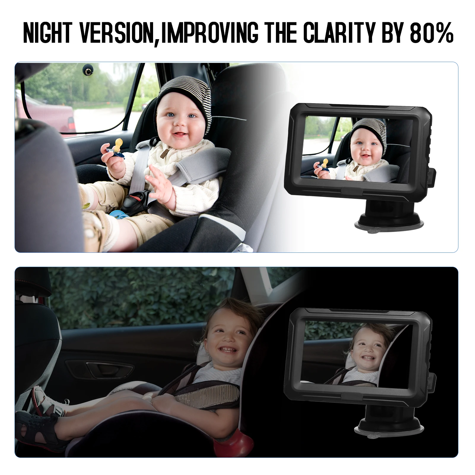 Monitor de visão traseira ajustável com tela IPS, espelho de carro do bebê, ângulo de visão larga ajustável para bebês, crianças, animais Night Vision Function, 4,3"
