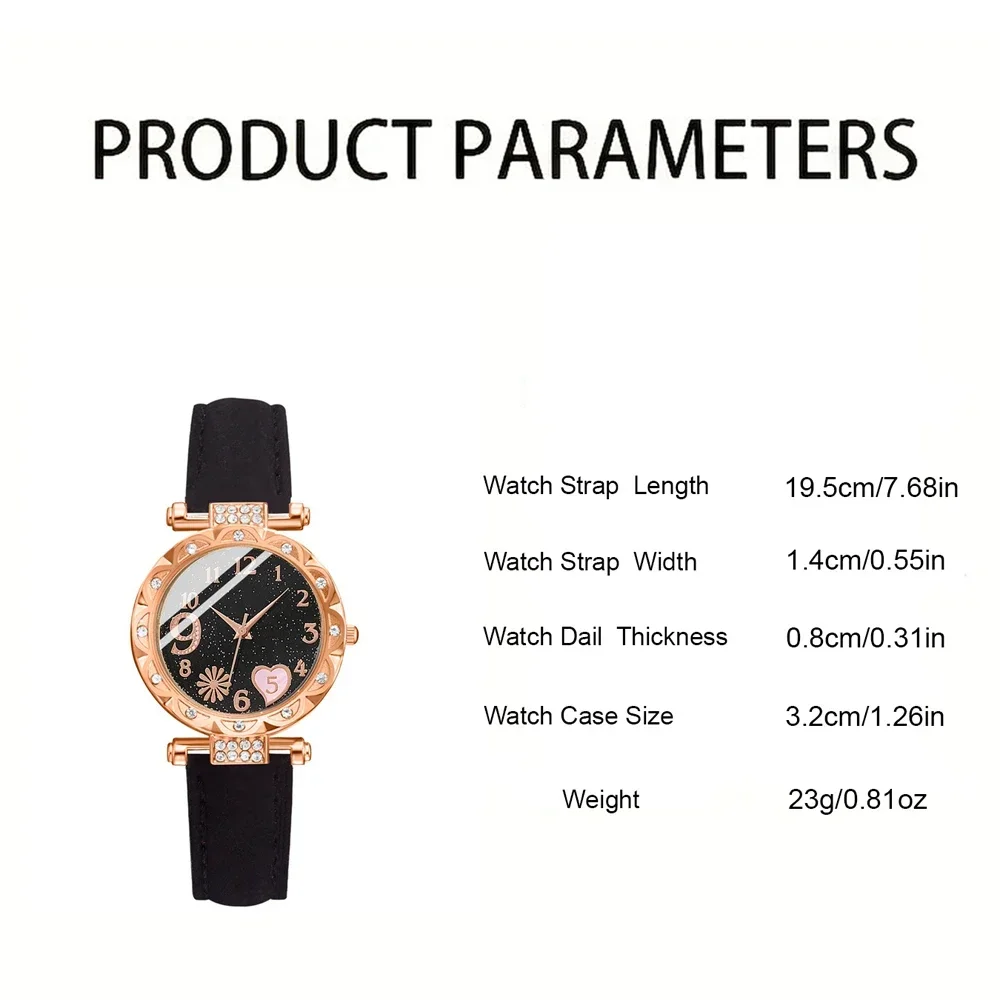 Conjunto de relógio de pulso analógico de couro feminino, pulseira de quartzo feminino, moda feminina, 6 peças