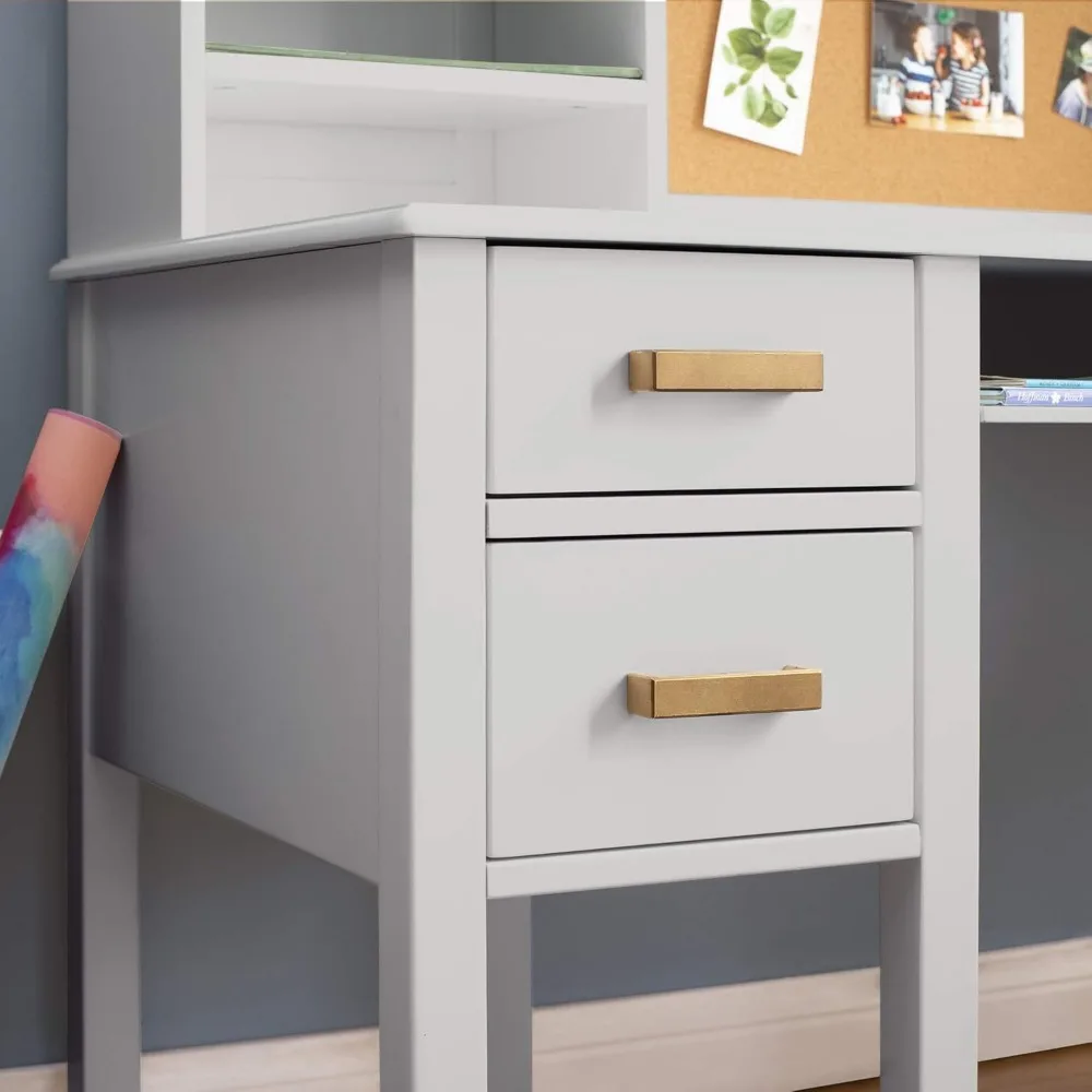 Taiga Desk, Hutch and Chair - Gray: Kids Wooden Computer Study Desk Set with Storage Shelves, Corkboard, and Drawers |Children's