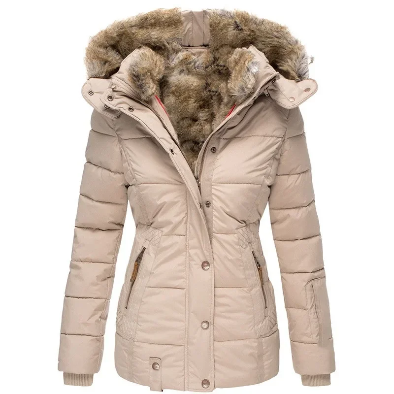 Abrigo de algodón con cuello de lana cálido de invierno Abrigo de algodón con capucha ajustado de manga larga con cremallera para mujer