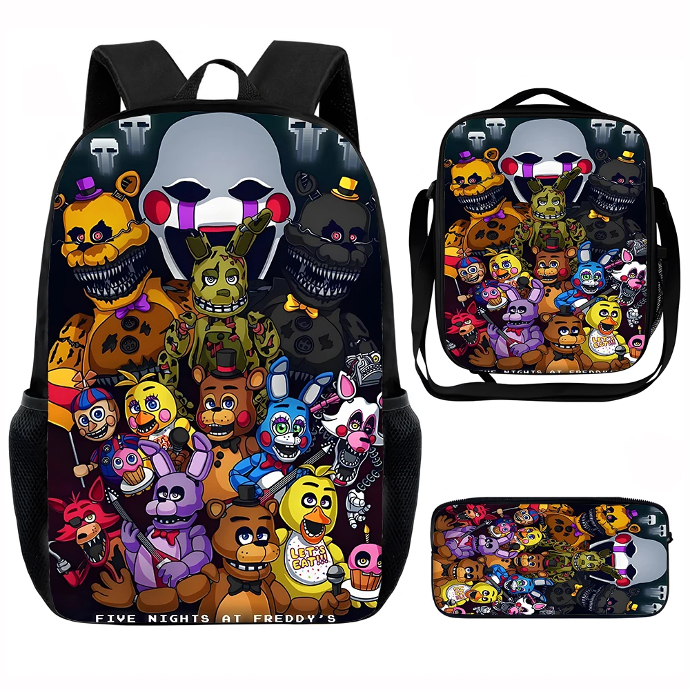 Juego F-five N-nights at F-freddy's Mochila escolar para niños con bolsas para el almuerzo, bolsas para lápices, mochilas escolares para niños y niñas, el mejor regalo