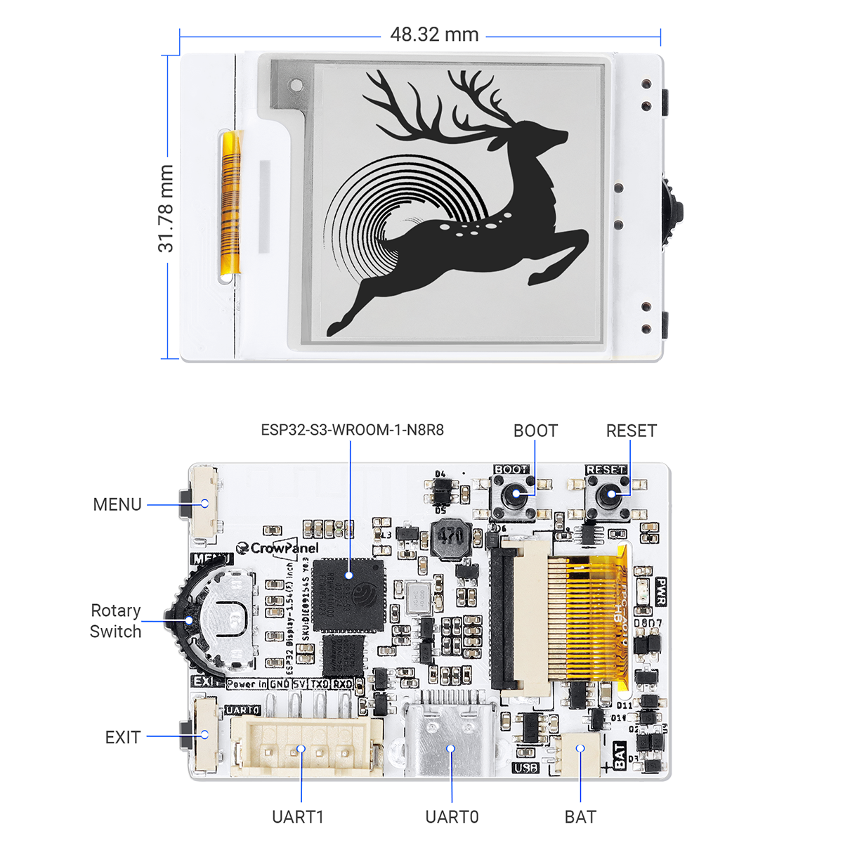 CrowPanel ESP32 1,54-дюймовый дисплей HMI с электронной бумагой 152*152, черный/белый цвет, с интерфейсом SPI для Arduino/ESP/MicroPython