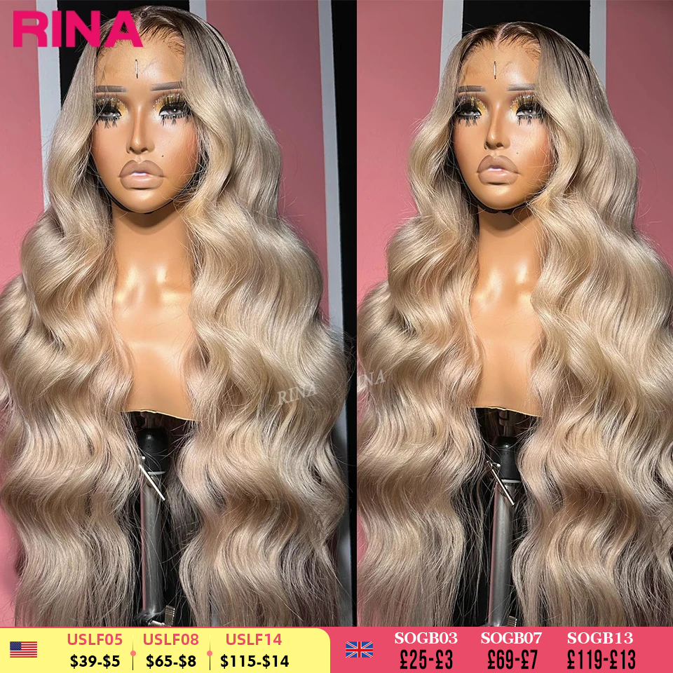 13x6 Ombre Blonde With Root Цветные парики фронта шнурка для женщин Человеческие волосы Объемная волна Ombre Пепельно-русый парик фронтальной части шнурка