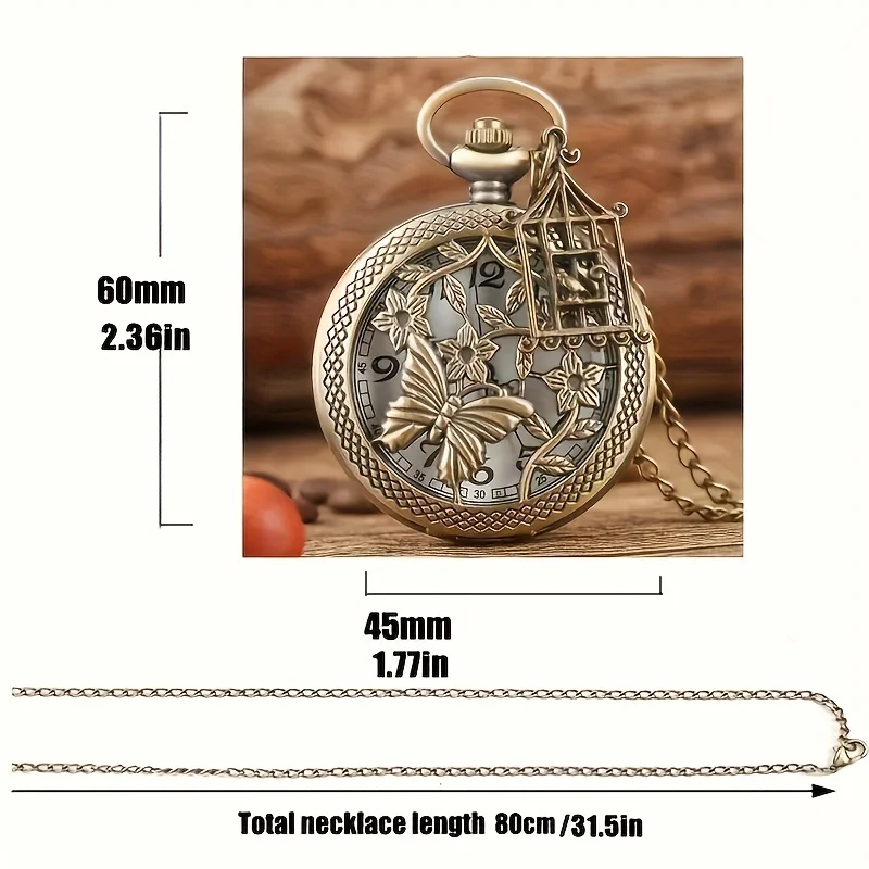 Requintado vintage bronze oco borboleta com gaiola pingente relógio de bolso de quartzo com colar corrente presente masculino feminino relógio