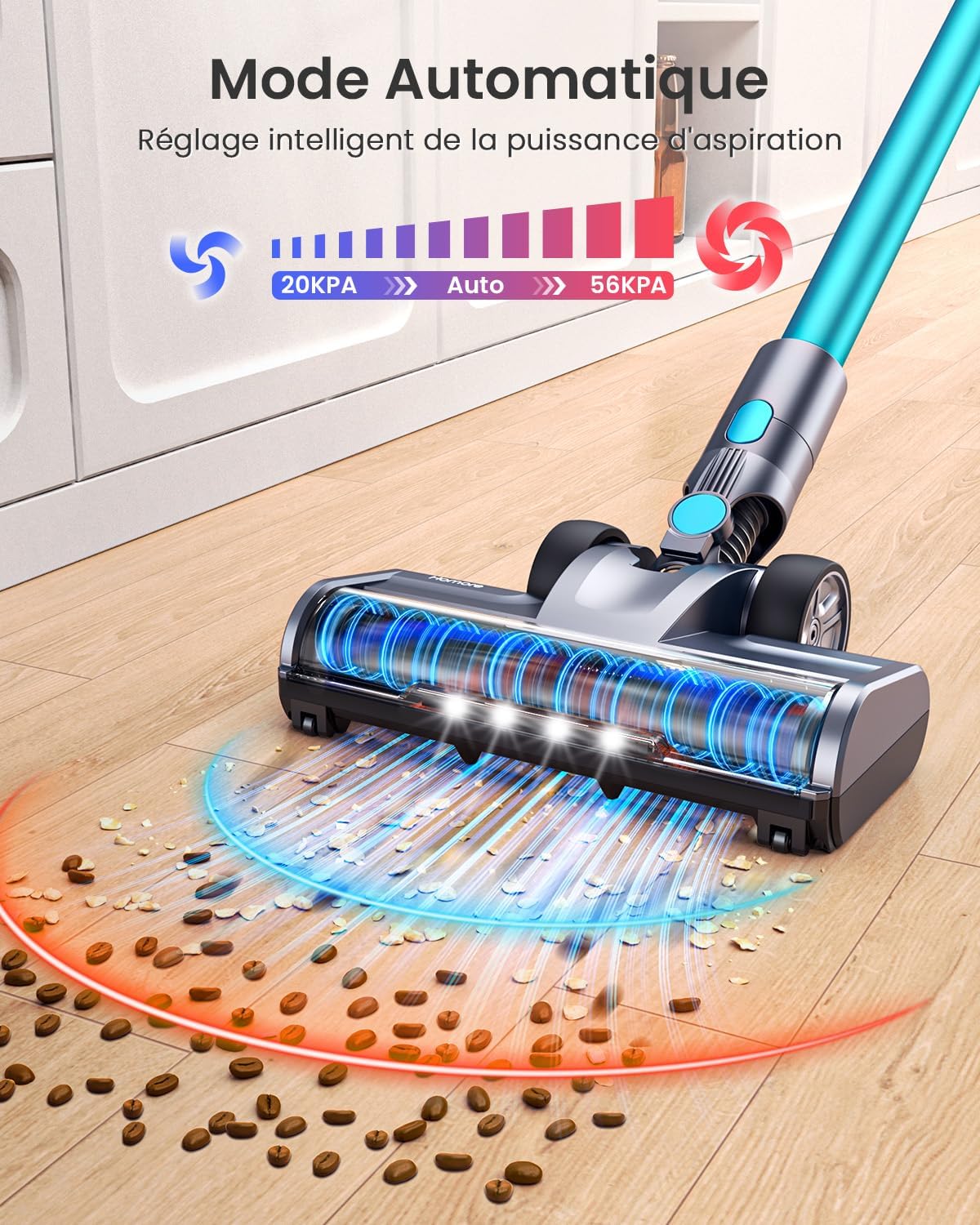 Homore  600W 56KPA 65Mins Aspirateur-balai sans fil avec écran couleur, aspirateur-balai avec mode automatique et brosse anti-enchevêtrement pour tapis, sols durs, poils d'animaux.