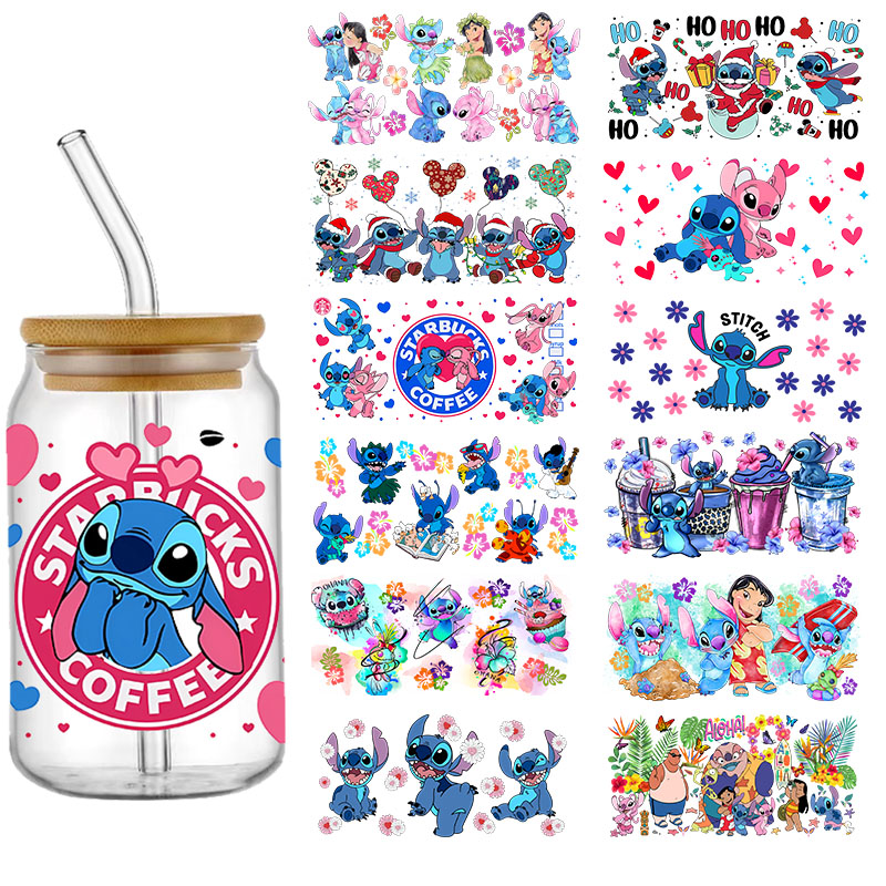 Disney Stitch Lilo UV DTF pegatina de transferencia para 16oz Libbey pegatina de vidrio taza envoltura calcomanía DIY autoadhesivo permanente impermeable