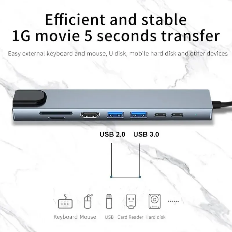 USB C Hub 8 en 1 tipo C 3,1 a 4K adaptador HDMI con lector de tarjetas RJ45 SD/TF PD carga rápida para MacBook Notebook ordenador portátil