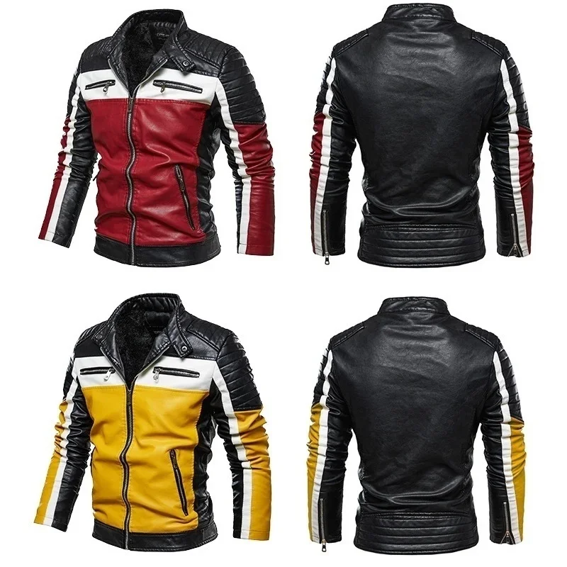 Männer Gelb PU Leder Jacke Patchwork Biker Jacken Casual Zipper Mantel Männlichen Motorrad Jacke Slim Fit Pelz Gefüttert Outwear Mantel