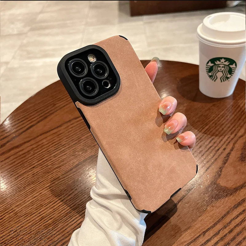 Luxo fosco couro caso de telefone para iphone 16 15 14 13 12 11 pro max plus lente proteção à prova de choque silicone macio capa traseira