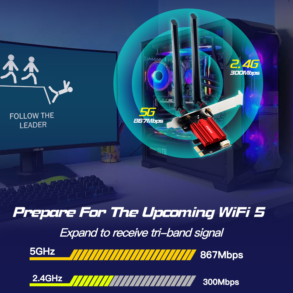 Fengvi-wifiアダプター5 pcie ac1200,ワイヤレスネットワークカード,デュアルバンド,2.4g/5ghz, 802.11ac, bluetooth 4.0,デスクトップ,Windows 10/11