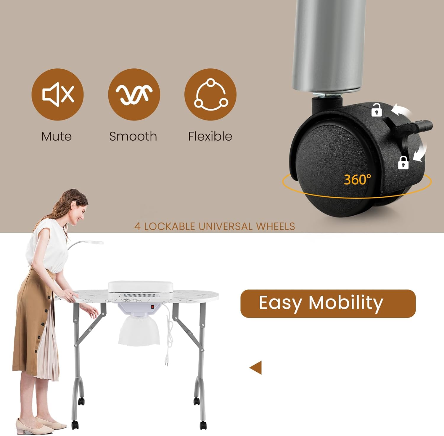 Nail Table All-in-One Manicure Desk w/Electric Dust Collector, LED Nail Lamp, Carry Bag & Wrist Cushion, Mobile Nail Desks w/Uni