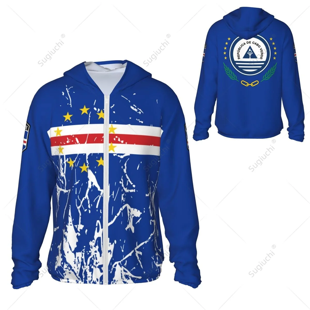 Cape Verde Flag Sonnenschutz Hoodie Sonnenschutz Kleidung Angeln Radfahren Laufen Schnell trocknend Langarm mit Reißverschluss Polyester