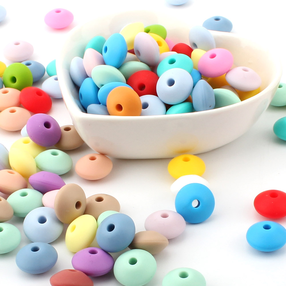 50 Uds. De cuentas de silicona de lentejas de 12mm, Perle para dentición, bricolaje, grado alimenticio, Ábaco de silicona para bebé, cuentas para mordedor, collar de dentición, juguete de lactancia