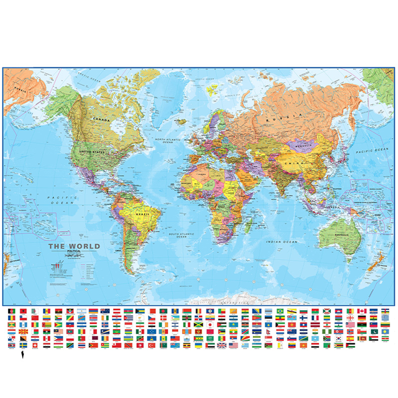 36x24インチ 装飾世界地図 フラグ付き 詳細ポスター 絵画 ウォールアート 旅行ギフト キャンバスプリント ホームオフィス教室用