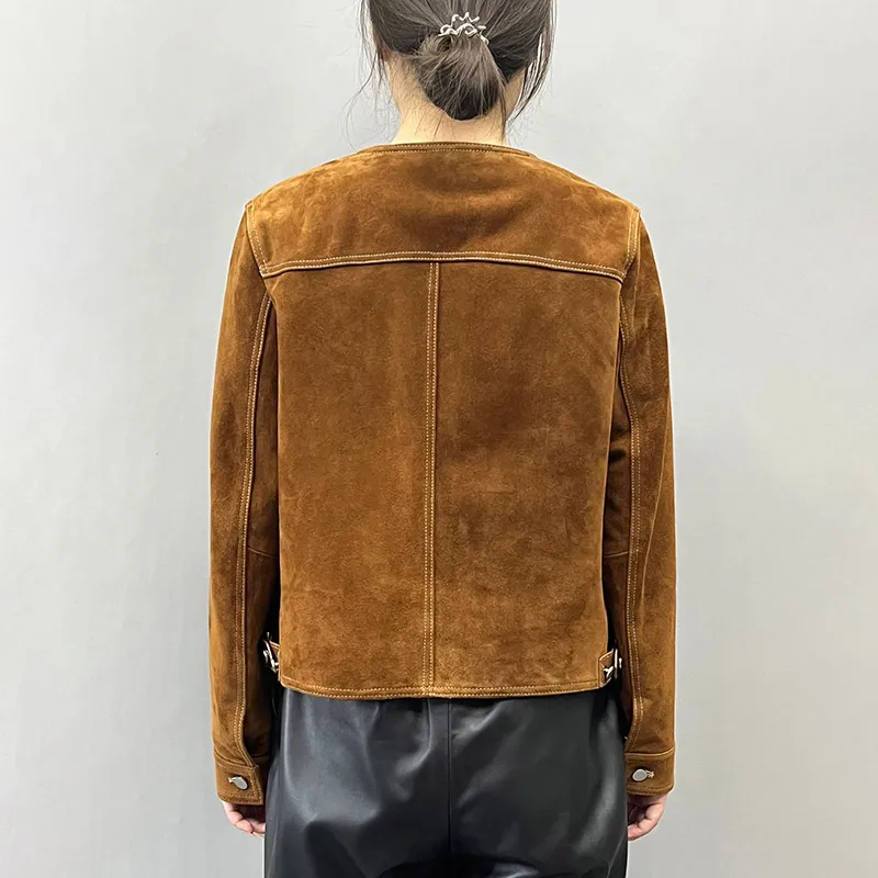 Short Leather Suede Jackets Women Lapel Collar Long Sleeves Button-up Front Buckle Cropped Lady Vintage Female Suede Jacket