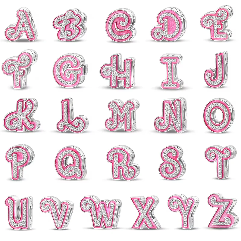 100% 925 เงินสเตอร์ลิง 26 ตัวอักษรเงาตุ๊กตาบาร์บี้สีชมพู Series Charms Fit PAN สร้อยข้อมือเดิม DIY ของขวัญเครื่องประดับ Fine