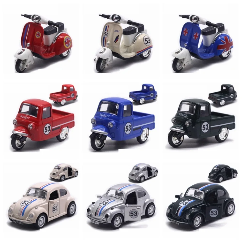 Gift Alloy Pullback Car 1:43 Cartoon Design Three Wheeled Vehicle Model Retro Style Door Can Open Cake Decoration