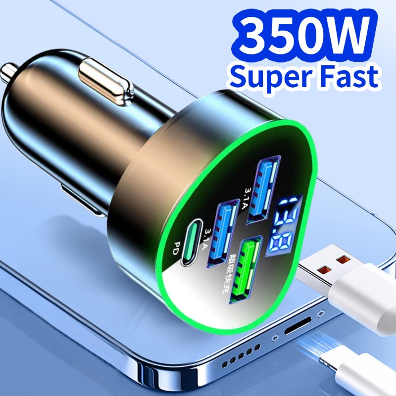 350W autotelefoonoplader USB Type C Supersnel opladen in auto met LED-spanningsmonitor voor IPhone Samsung Huawei Oneplus Vivo Oppo