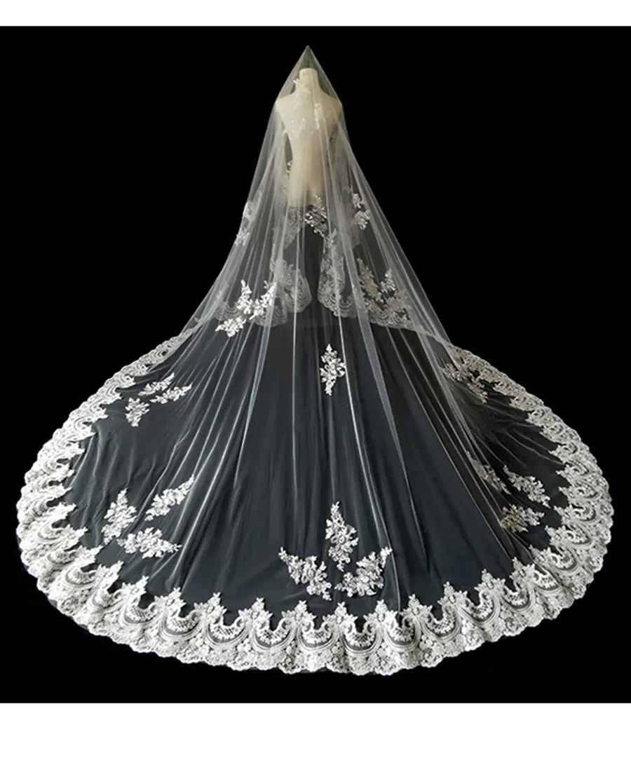 Véu de noiva longo, 5m, 4m, 3m, renda, apliques, borda 1 t, tule, catedral, com pente, marfim, branco, voile de novia