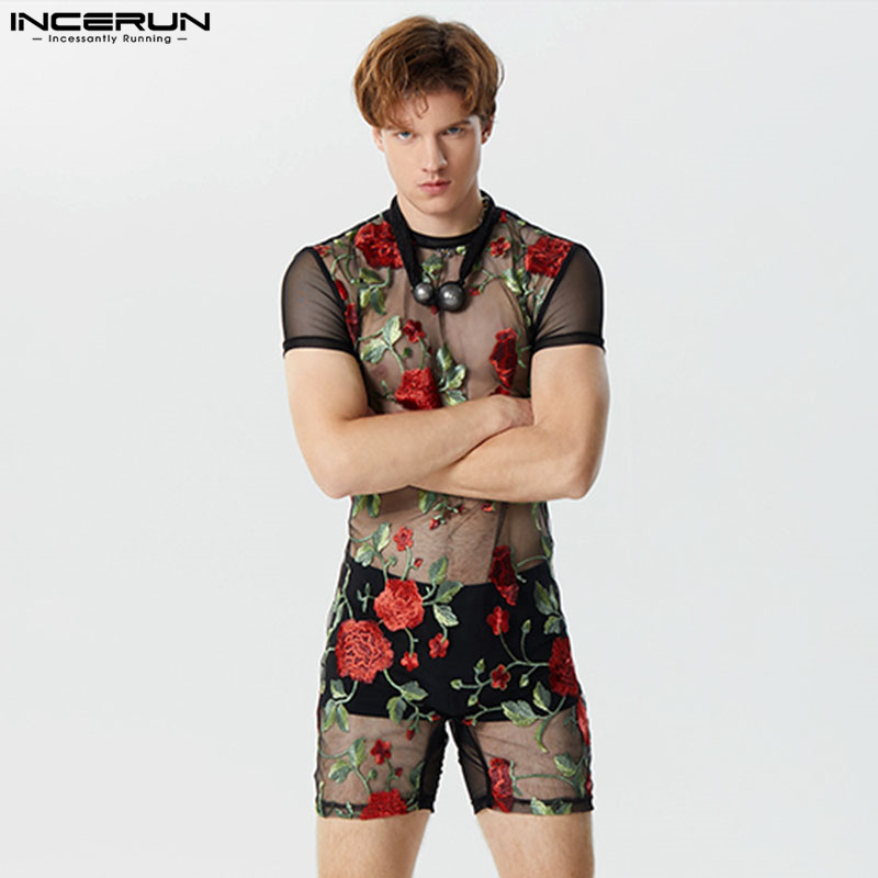 Incerun bodysuits masculinos malha transparente o-pescoço manga curta moda macacão sexy 2024 flor bordado unisex playsuits S-5XL