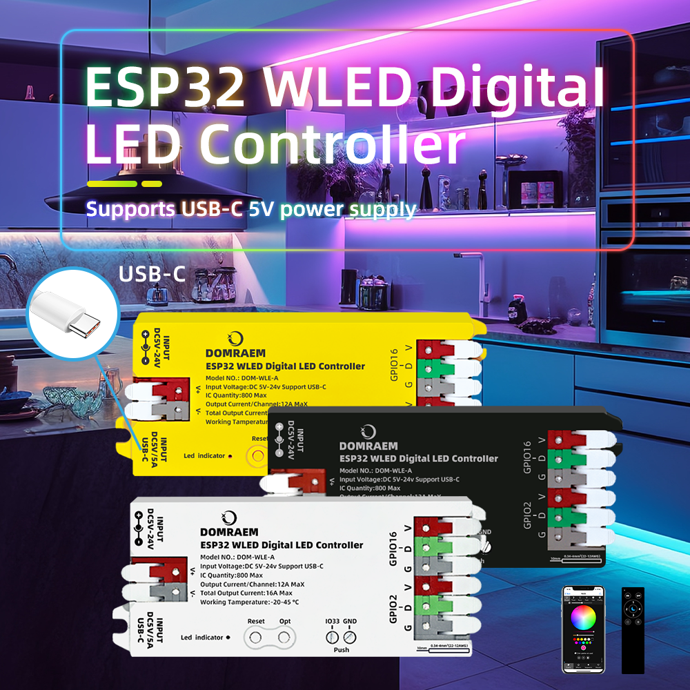 DOMRAEM ESP32 USB-C WLED Digitaler LED-Controller RGB IC DIY APP 16A Sicherung Funktioniert mit HA/MQTT/Alex WS2811/12/12B/14/05 Sk6812 Streifen