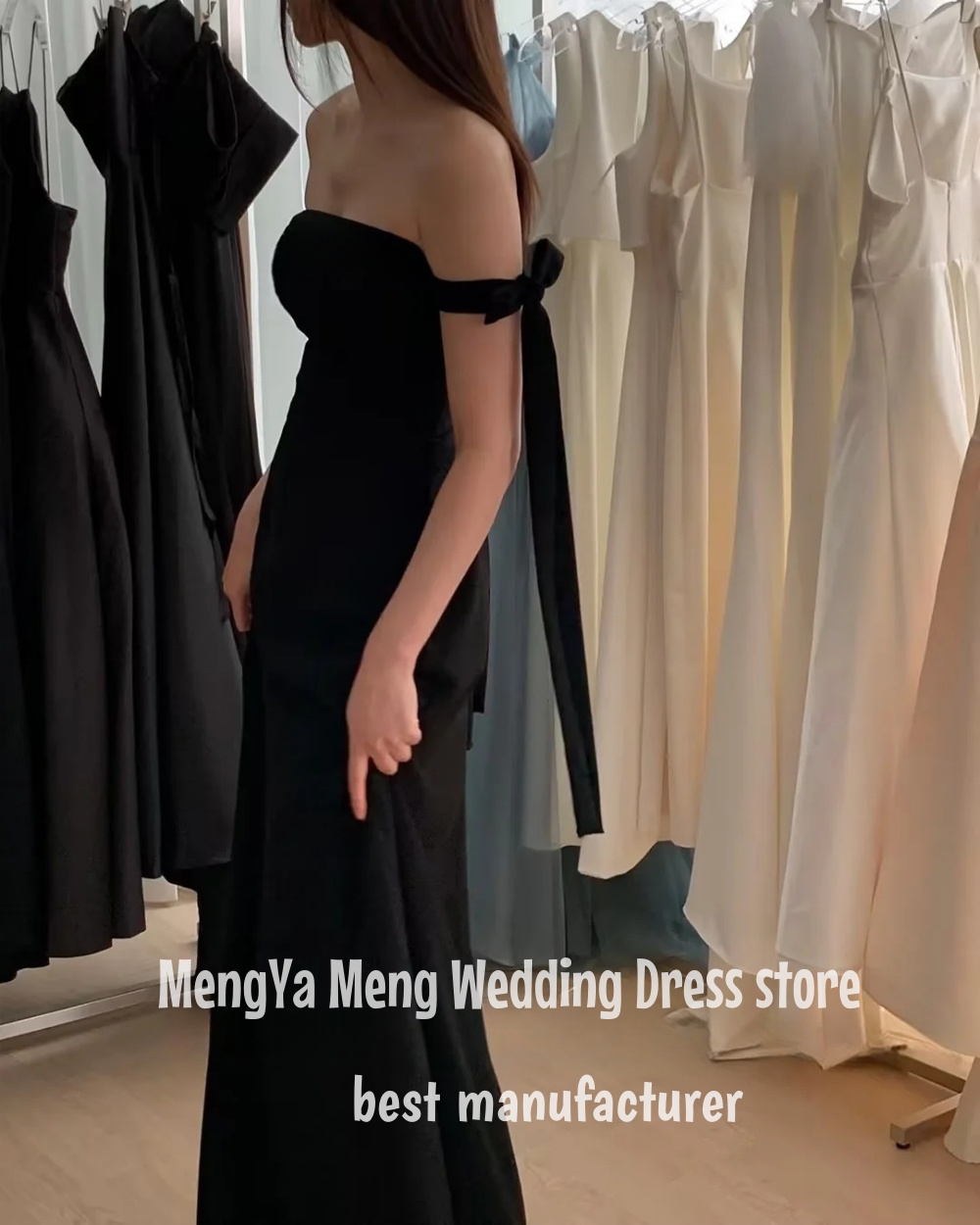 ZHUISHU Maßgeschneiderte einfache schwarze A-Linie Korea Abendkleider trägerlos zwei Stile bodenlangen Hochzeitskleid Plus Size