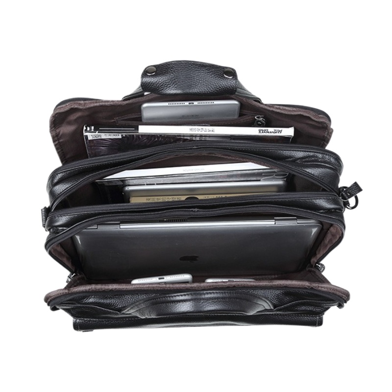 Black Genuine Leather Briefcase Men High End Quality Cowhide Designer Luxury Handbag Large Capacity 15.6" Laptop Shoulder Bag