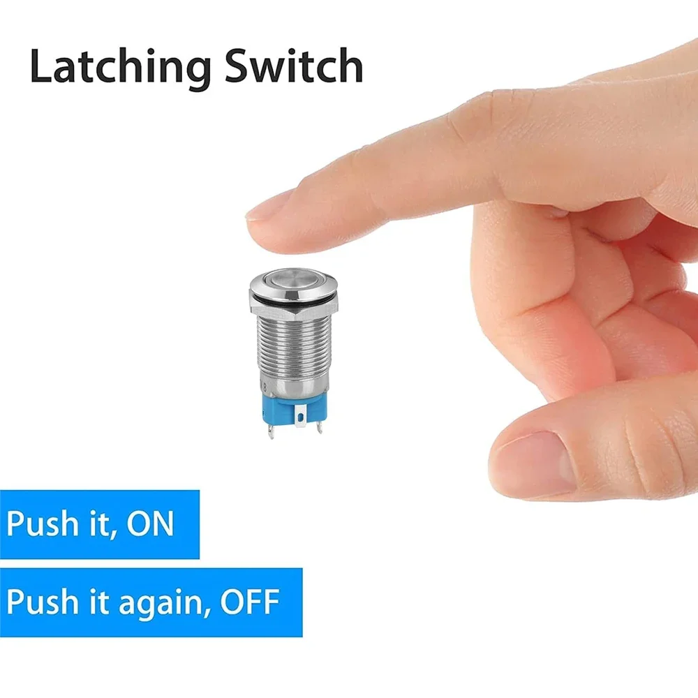 2Pcs DC 12V/24V Metal Latching Push Button Switch, 5 Pin Car RV Truck Boat SPDT ON/OFF Switch, Waterproof Self-Locking Round