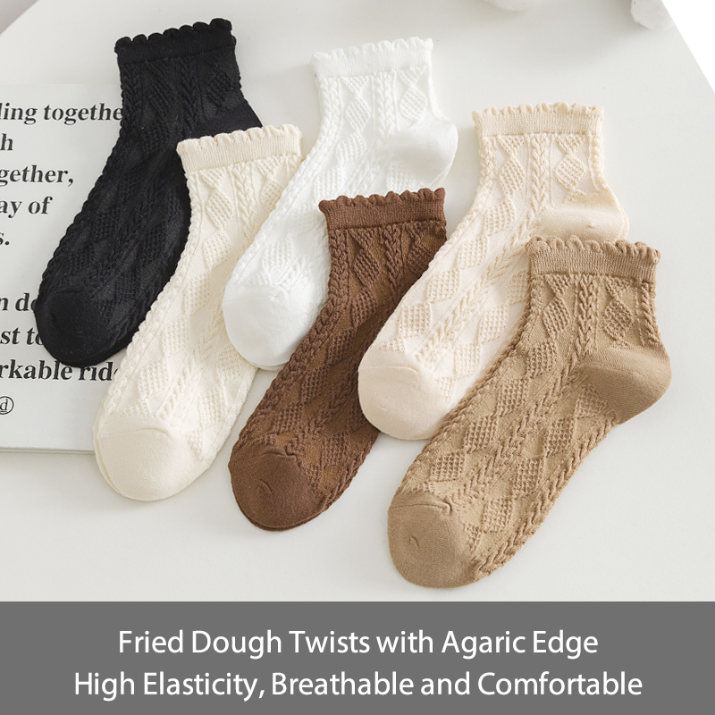 Chaussettes en coton monochromatique nickel é fin pour femmes, bord d'oreille en bois confortable, vêtements de mode Lolita, chaussettes douces simples et mignonnes, été, 6 paires